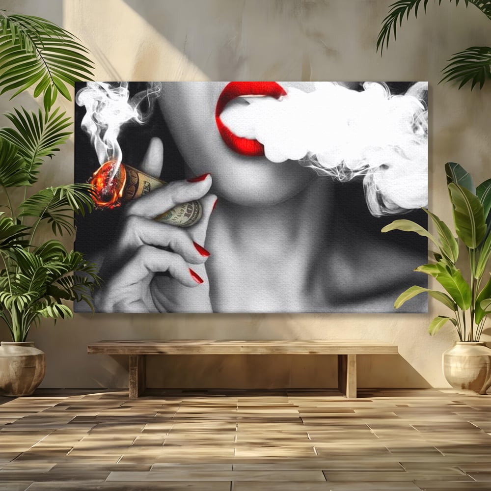 Tablou canvas cu tablou canvas cu buze rosii si tigara de bani, fara rama, pe sasiu de lemn